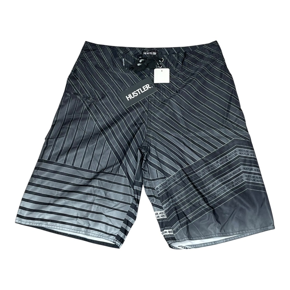 NEW Y2K Hustler Striped Board Shorts Black Grey Geometric Swim Trunks Mens 32 - Picture 1 of 5